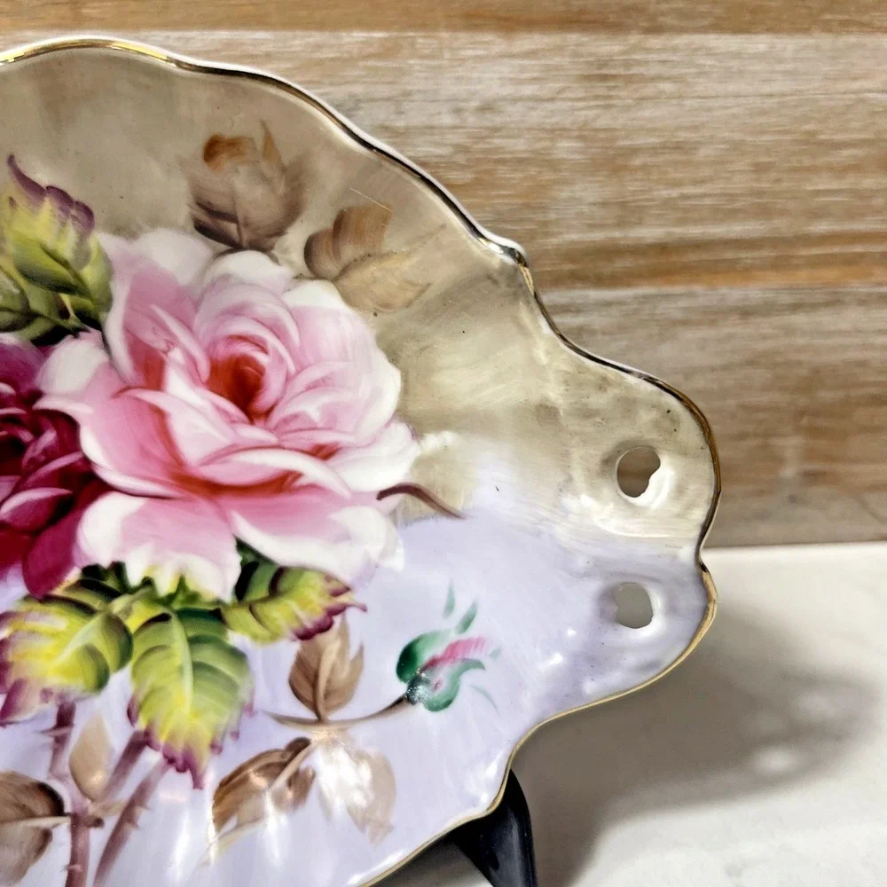 Vintage Lefton Hand Painted China Roses Purple Gold Trim Bowl w Handles